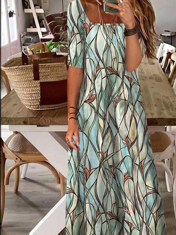 Geometric Printed Square Neck Casual Handmade Dresses