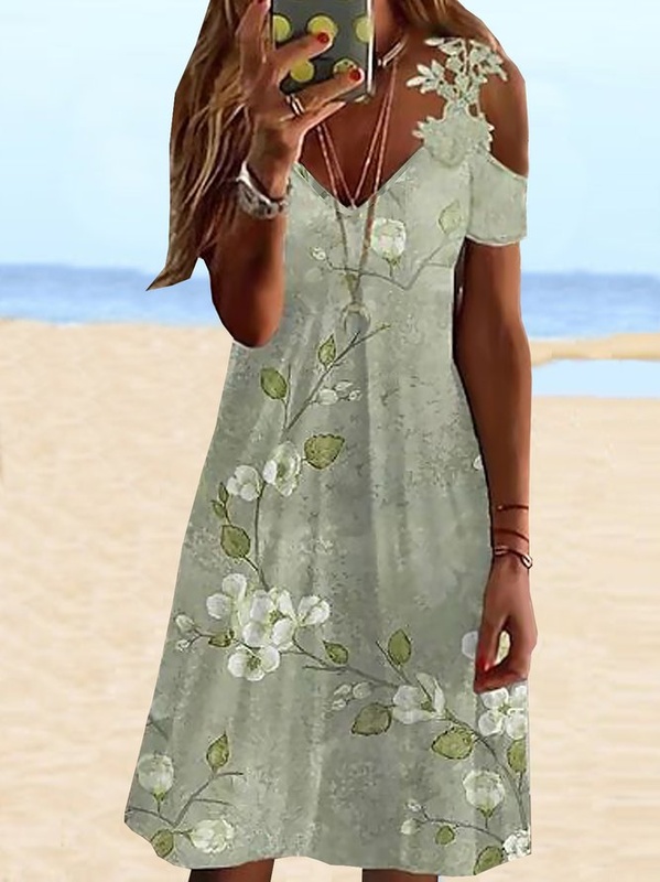 Floral Cotton Blends Vacation Short Sleeve Knit Handmade Dress