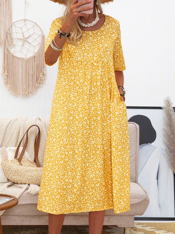 Women Short Sleeve Round Neck Floral Print Causal Midi Handmade Dress