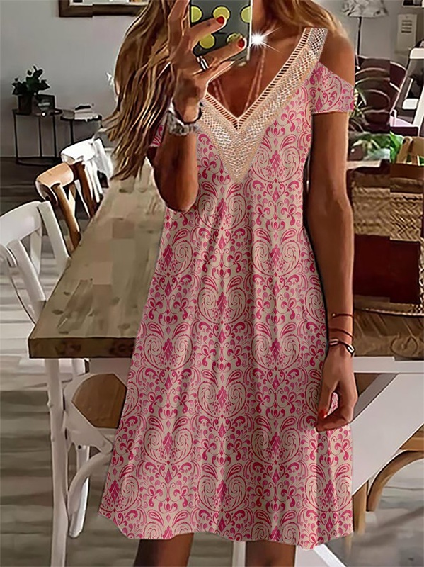 Ethnic Hollow Out Lace V Neck Short Sleeve Vacation Tunic