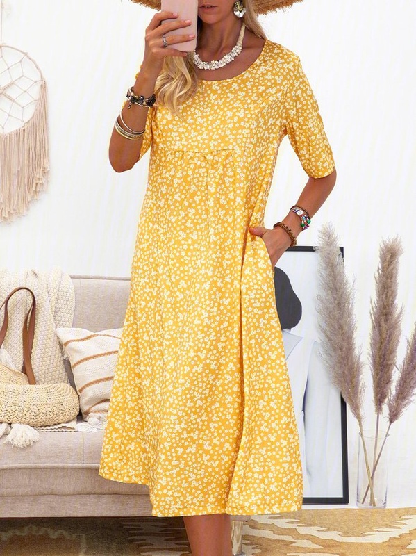 Women Short Sleeve Round Neck Floral Print Causal Midi Handmade Dress