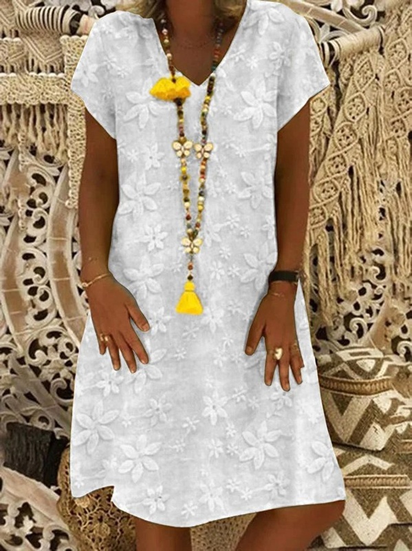 V Neck Plain Casual Short Sleeve Handmade Dress