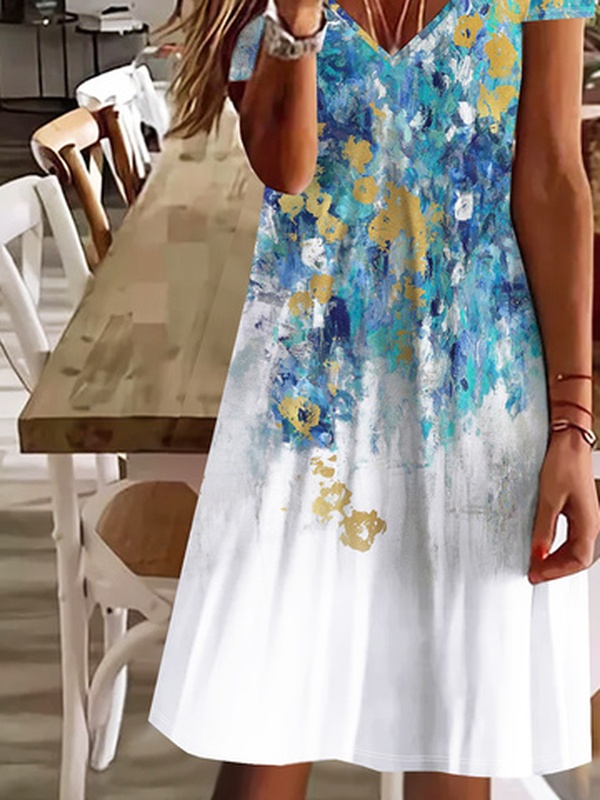 Loose Abstract Printed V Neck Casual Handmade Dresses