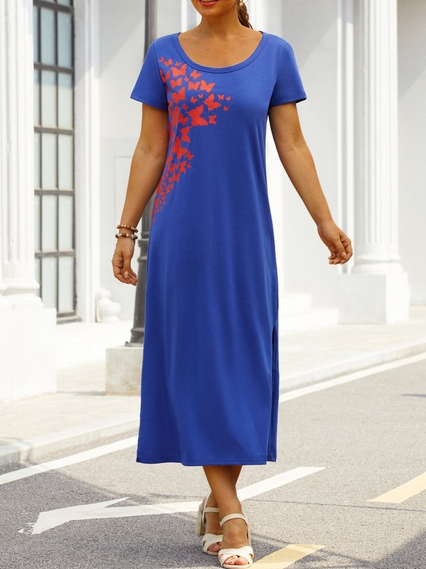 Casual Short Sleeve Printed Cotton Blend Knitting Handmade Dress