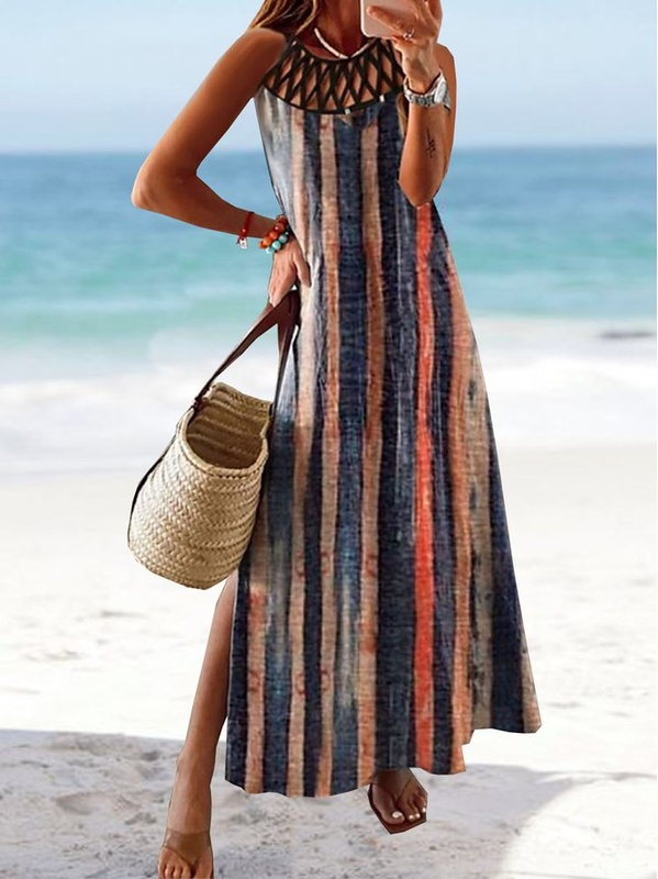 Striped Casual Jersey Cross Neck Handmade Dress