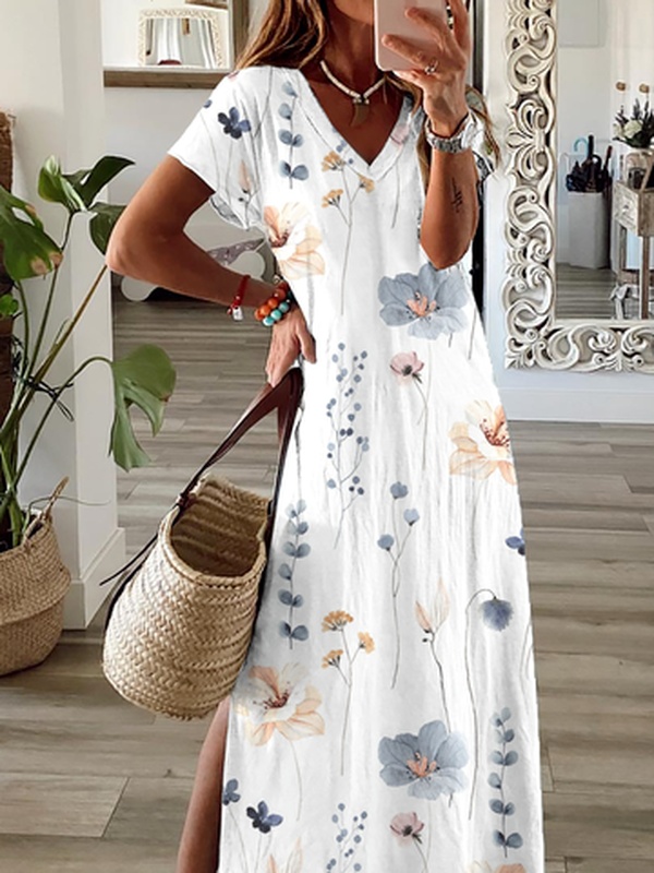Floral V Neck Casual Handmade Dress