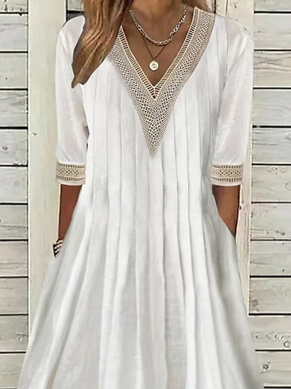 Lace Cotton And Linen Casual Plain Handmade Dress