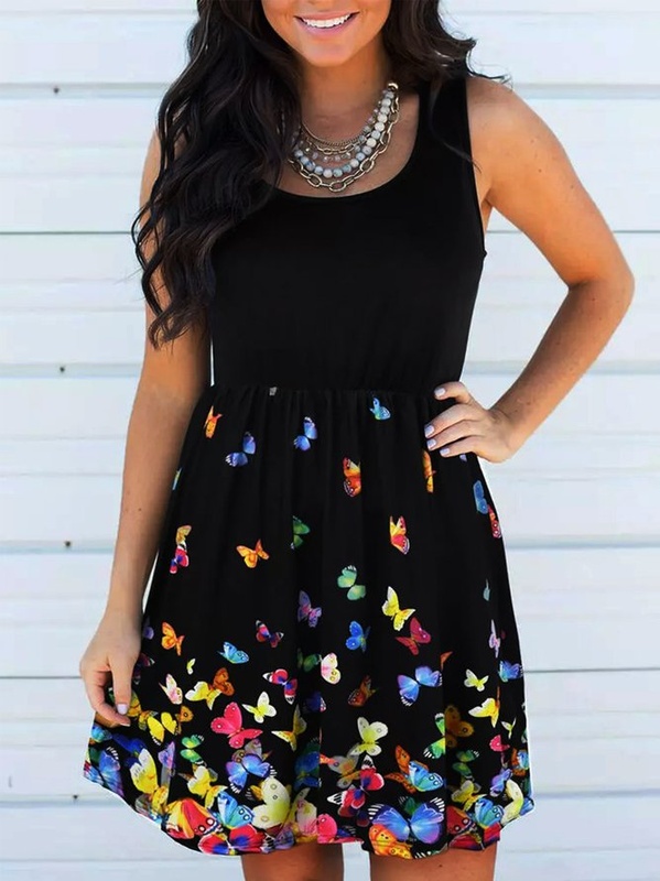 Vintage Butterflies Printed Statement Plus Size Sleeveless Crew Neck Casual