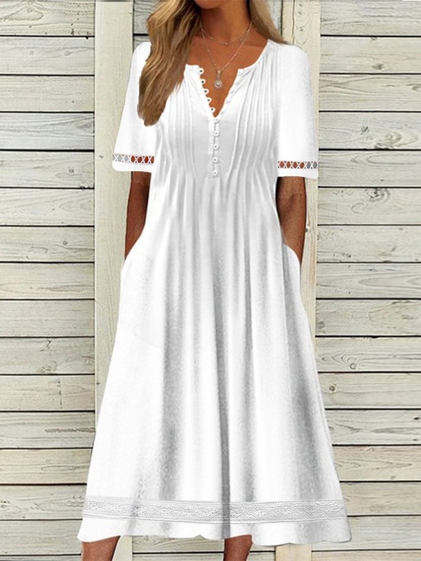 Plain Short Sleeve Buckle Hollow Out Lace Casual Handmade Dress