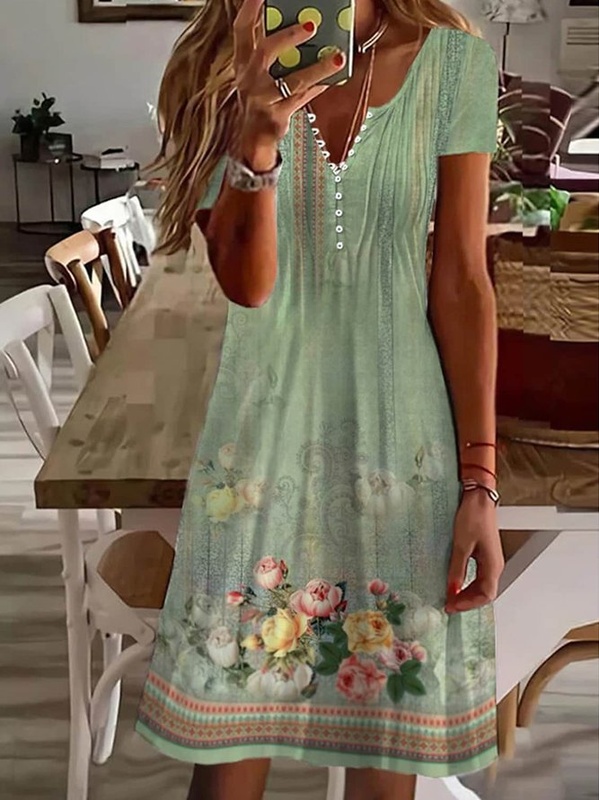 Loose Casual Green Floral Handmade Dress