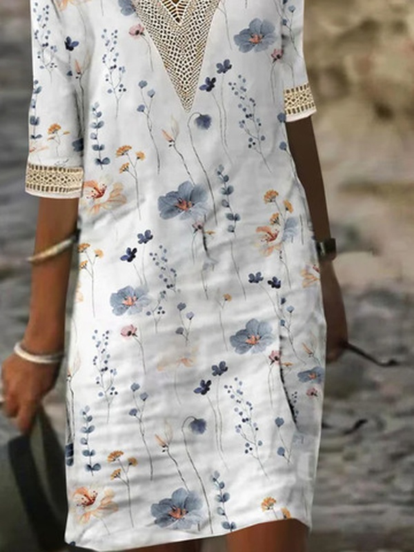 V Neck Casual Floral Printed Lace Handmade Dress
