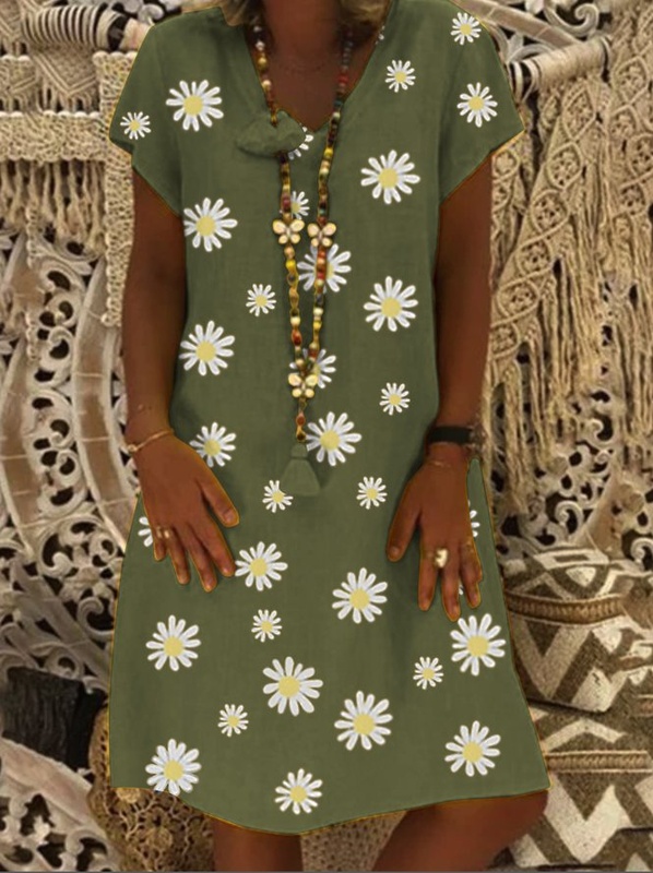 Casual vintage V neck short sleeve daisy Handmade Dress