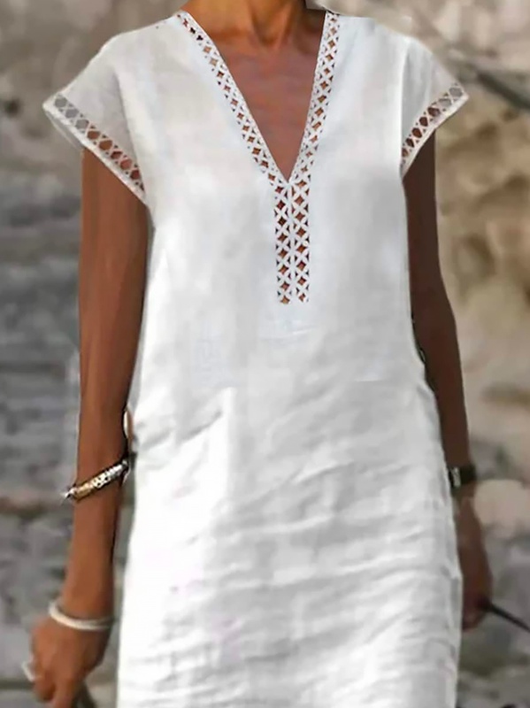Casual Lace Loose V Neck Handmade Dress