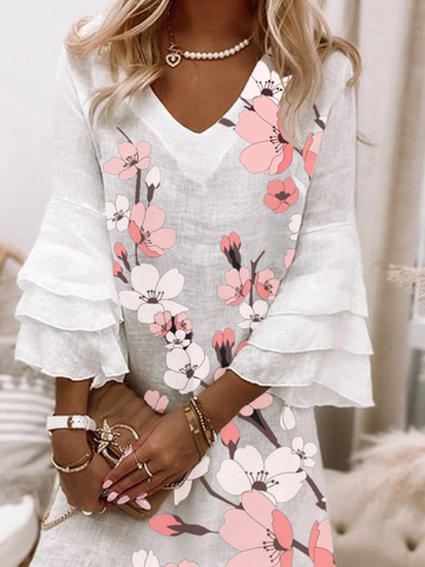 Casual Floral Long Sleeve Woven Handmade Dress