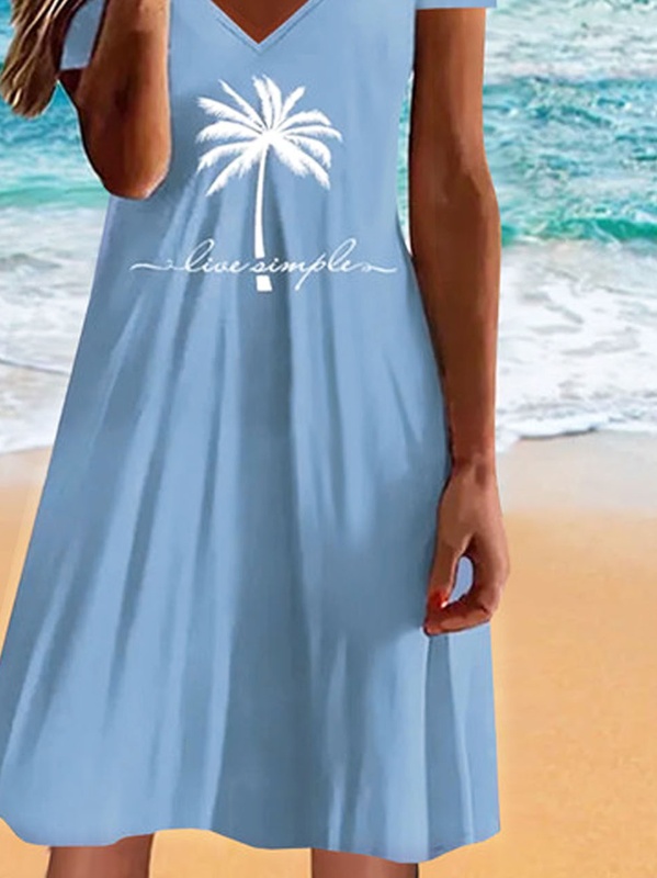 Jersey V Neck Coconut Tree Printed Casual Handmade Dress