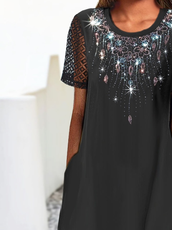 Jersey Hot Drilling Casual Patchwork lace Crew Neck Handmade Dress