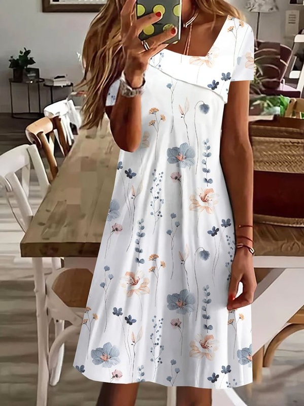 Asymmetrical Neck Casual Floral Printed Handmade Dress