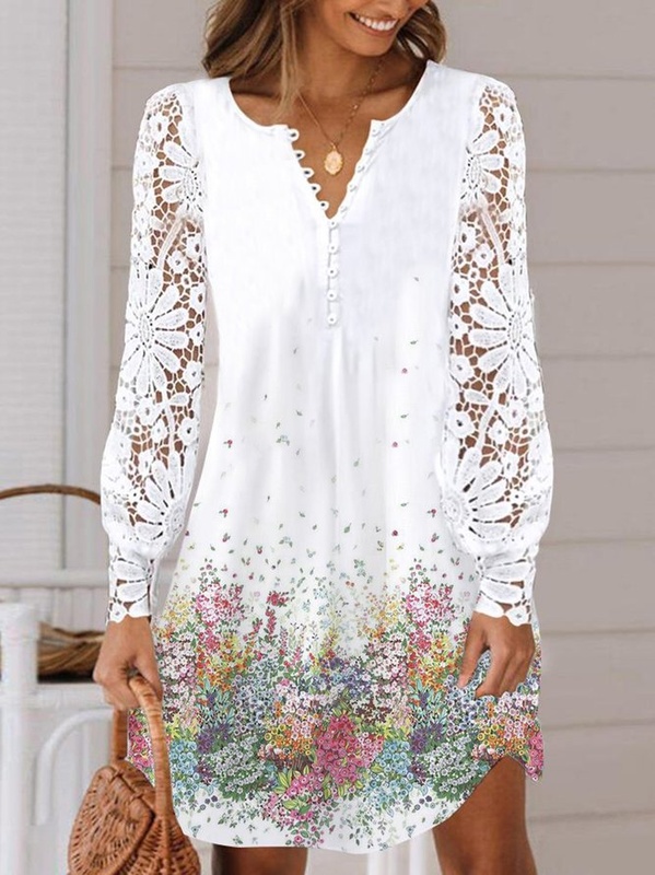 V Neck Casual Jersey Floral Handmade Dress