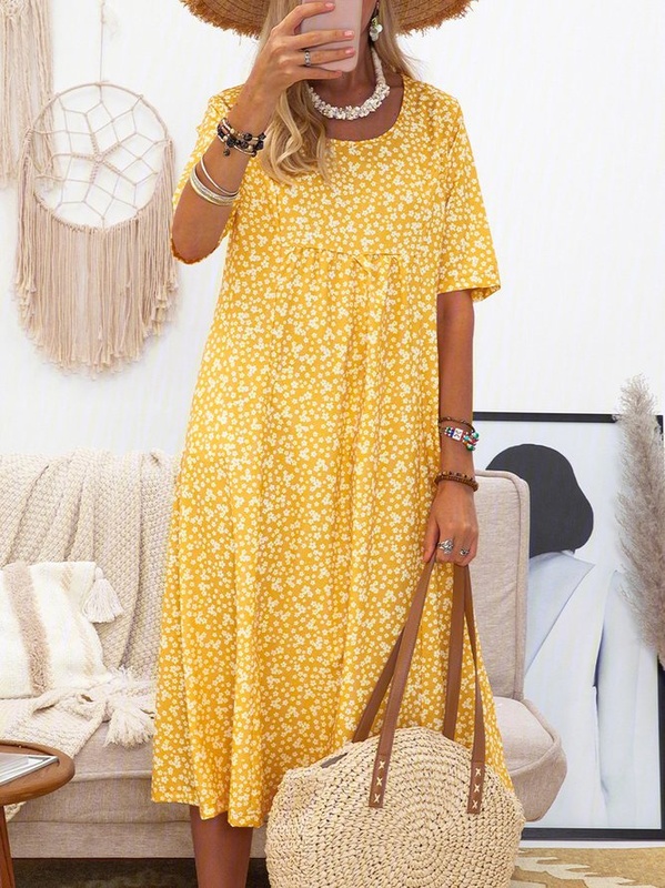 Women Short Sleeve Round Neck Floral Print Causal Midi Handmade Dress