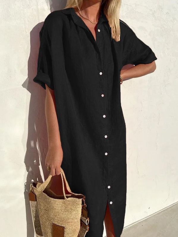 Loose Shirt Collar Casual Cotton Handmade Dress