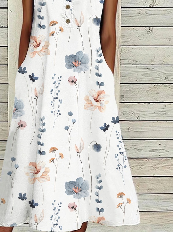 Buckle Floral Printed Loose Casual Handmade Dress