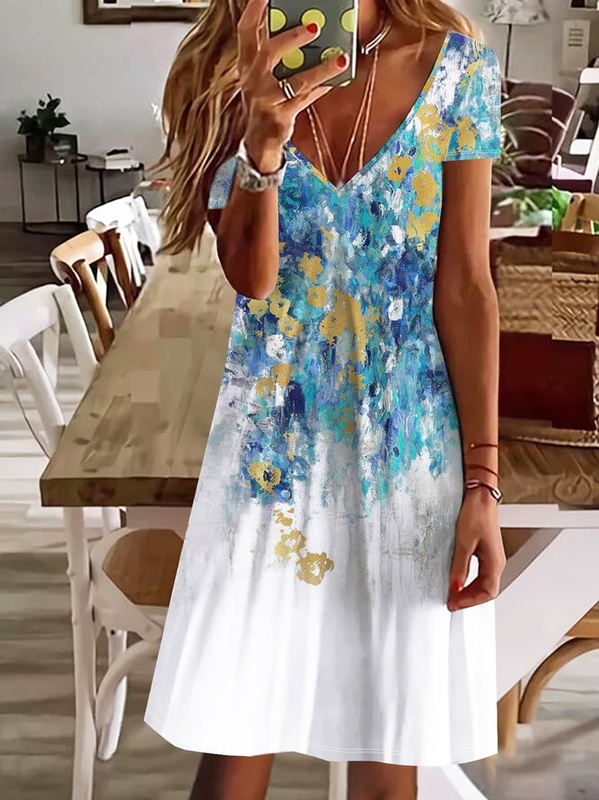 Loose Abstract Printed V Neck Casual Handmade Dresses