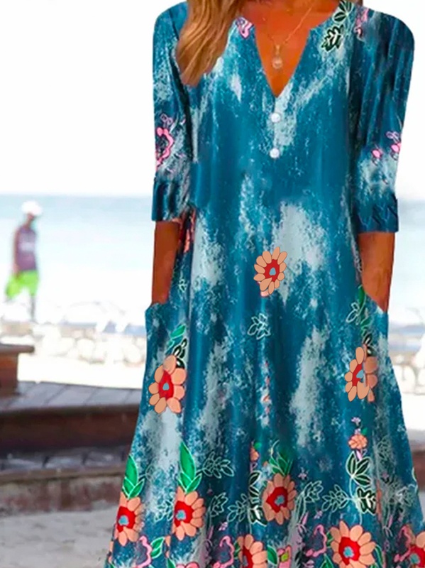 Casual Floral V Neck Short Sleeve Woven Handmade Dress