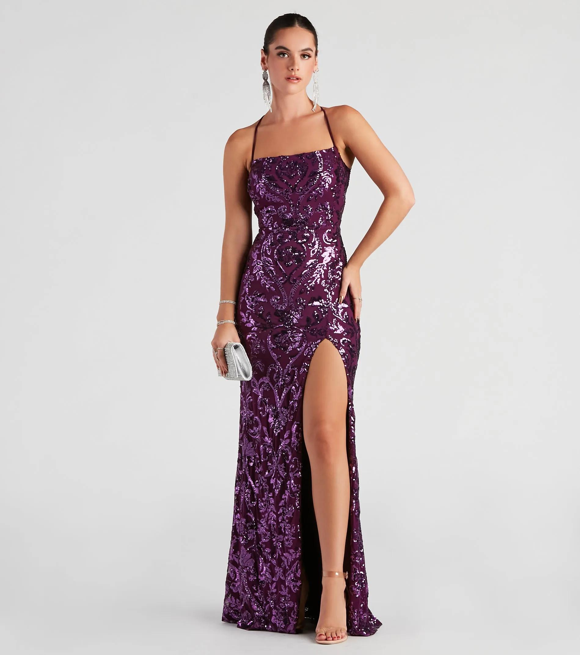 Square Neck Slim Sequin Satin Formal Dress