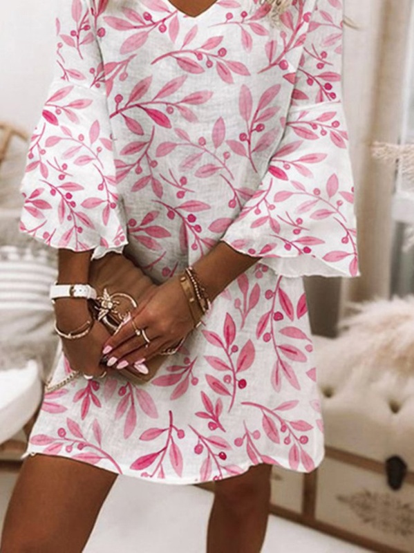 Leaves Casual V Neck Three Quarter A line Loosen Handmade Dress