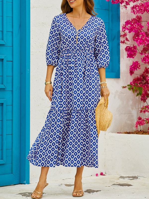 Geometric Casual Vacation Three Quarter A Line Handmade Dress