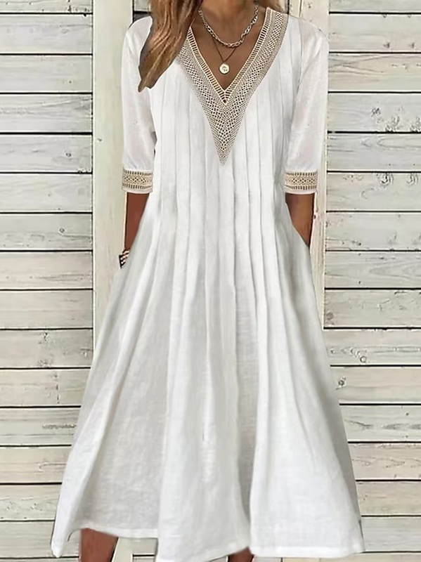 Lace Cotton And Linen Casual Plain Handmade Dress