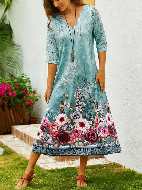 Casual Green Floral V Neck Loose Handmade Dress