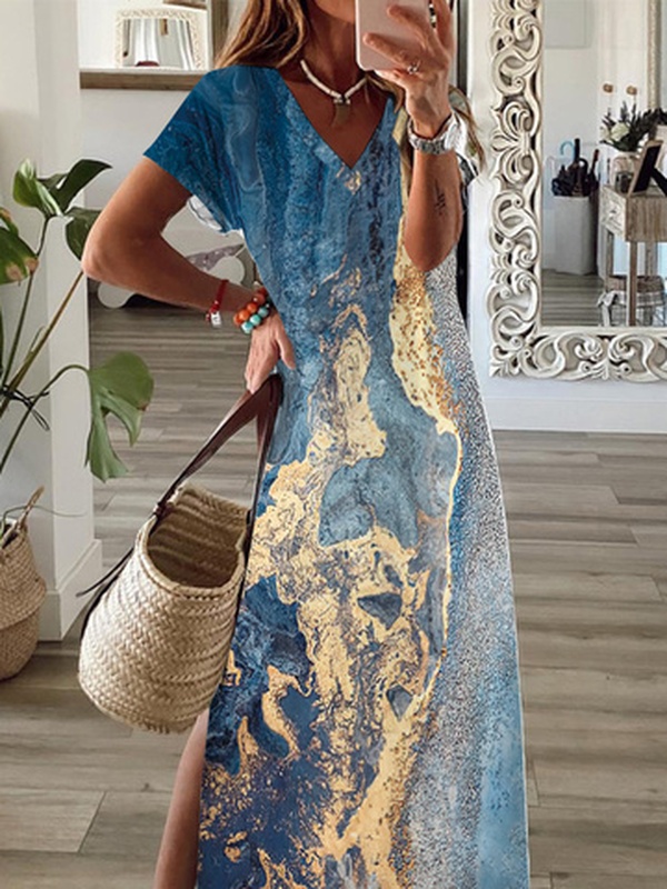 Seawater Casual V Neck Handmade Dress