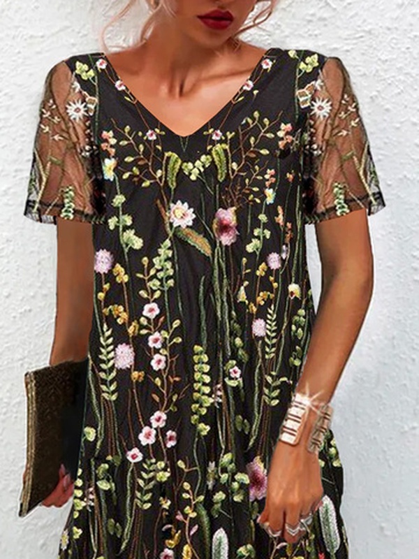Floral Embroidery Mesh Casual V Neck Handmade Dress