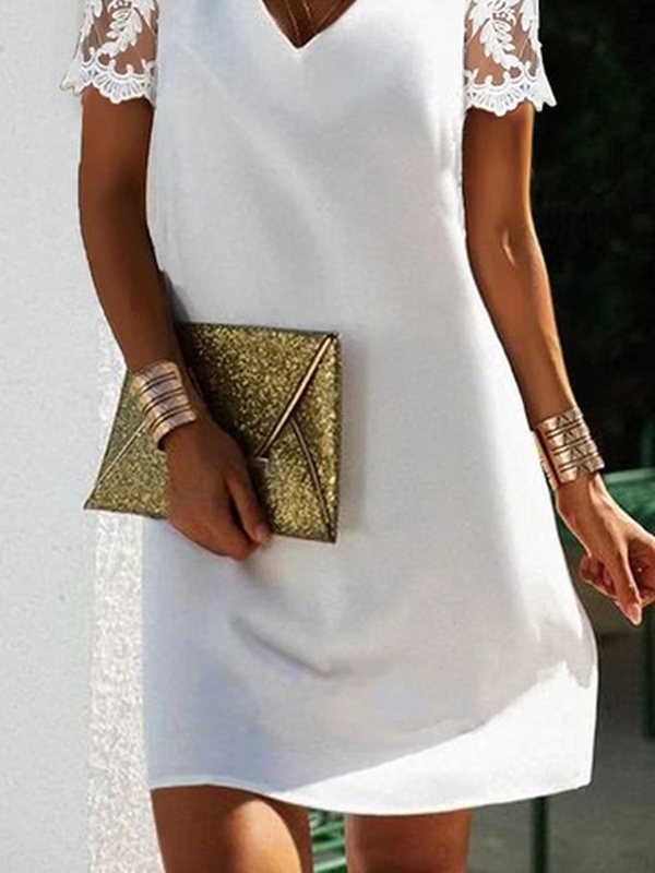 Plain V Neck Loose Casual Handmade Dress