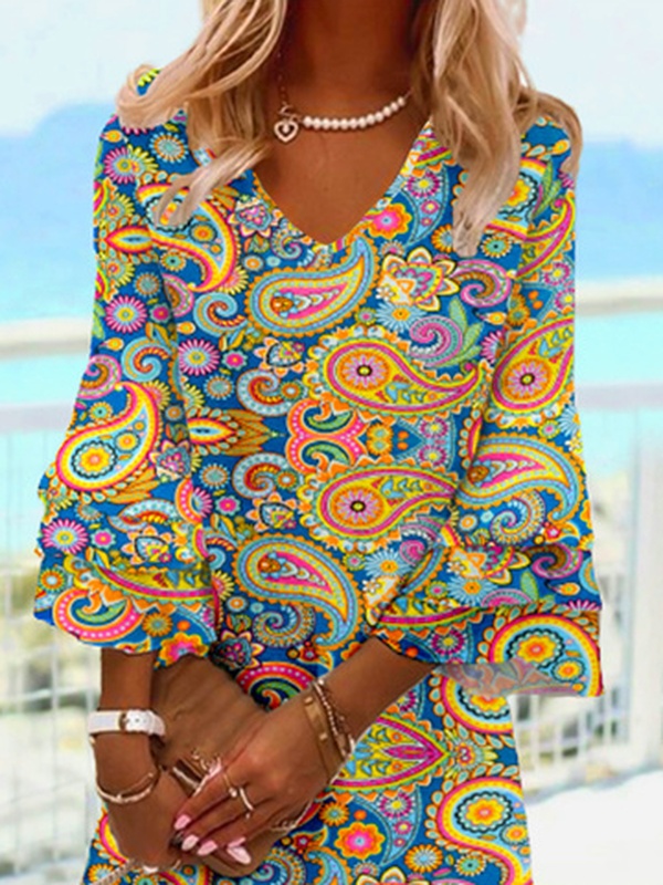 Paisley Vacation Flouncing V Neck Tunic Handmade Dress