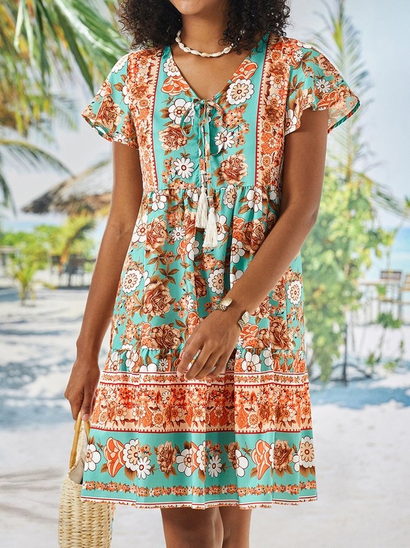 Floral Short Sleeve Printed Cotton blend V neck Boho Summer