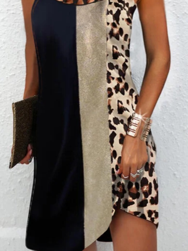 Leopard Crew Neck Short Sleeve Woven Handmade Dress