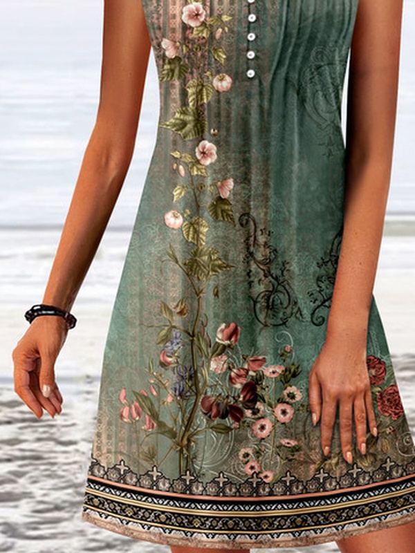 Buckle Casual Jersey Floral Printed Handmade Dress