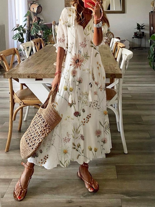 Floral Casual V Neck Tassel Loose Handmade Dress