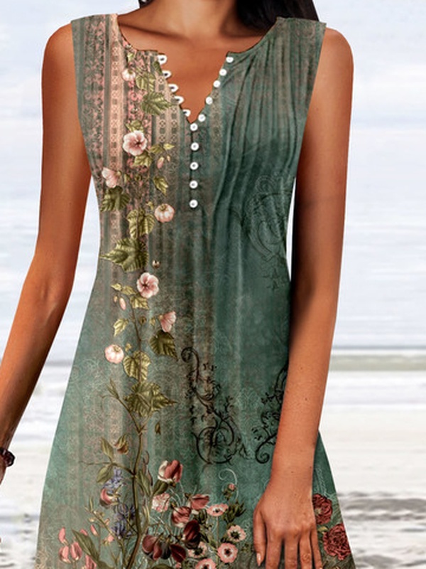 Buckle Casual Jersey Floral Printed Handmade Dress