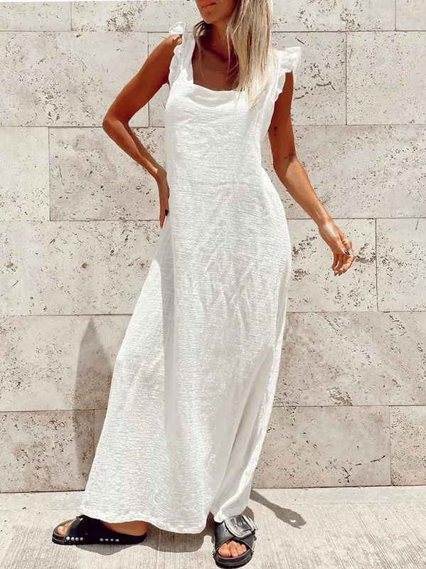 Plain Flouncing Cap Sleeve Lace up Square Neck Casual Long