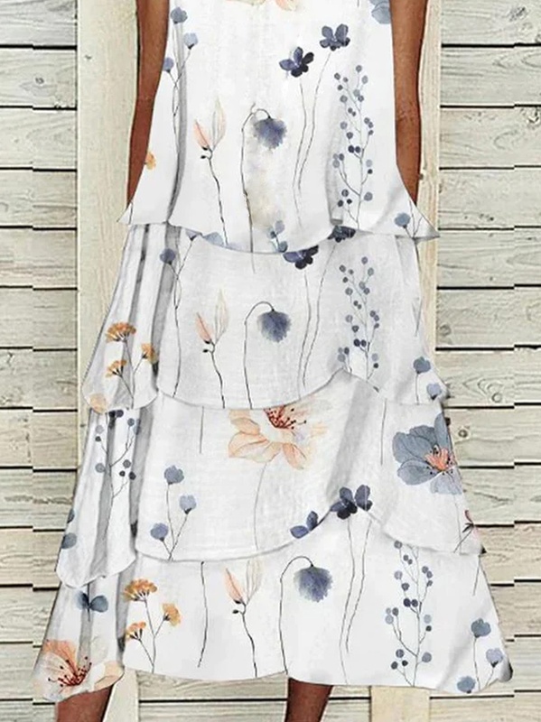 Floral V Neck Loose Casual Handmade Dress