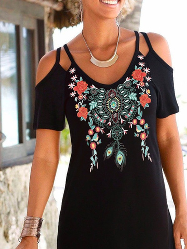 V Neck Loosen Short Sleeve Knit Handmade Dress