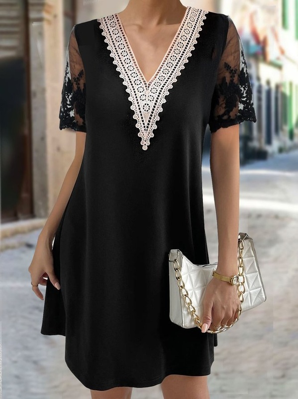 Casual Plain V Neck Patchwork lace Loose Handmade Dress