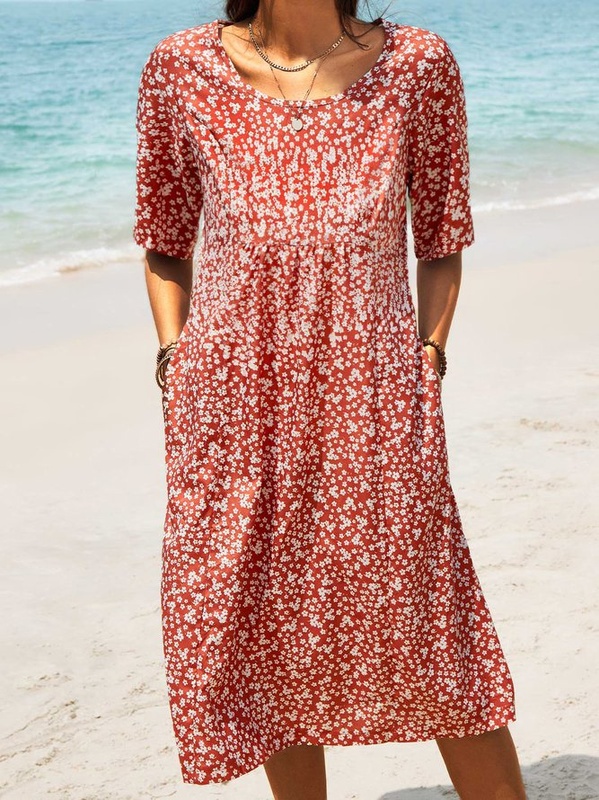 Hlaf Sleeve Round Neck Floral Print Causal Midi Handmade Dress