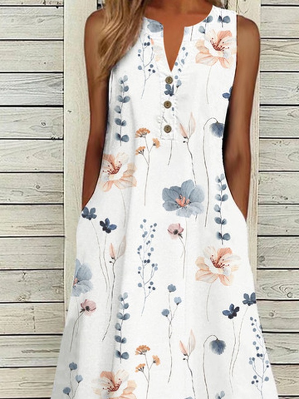 Buckle Floral Printed Loose Casual Handmade Dress