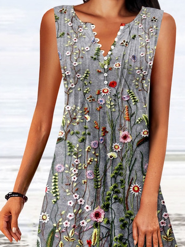 Notched Casual Floral Printed Buckle Handmade Dress