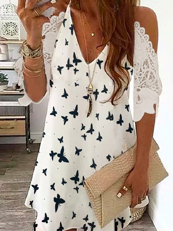 V Neck Paneled Cotton Blend Half Sleeve Weaving Handmade Dress