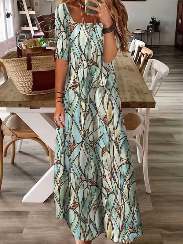 Geometric Printed Square Neck Casual Handmade Dresses